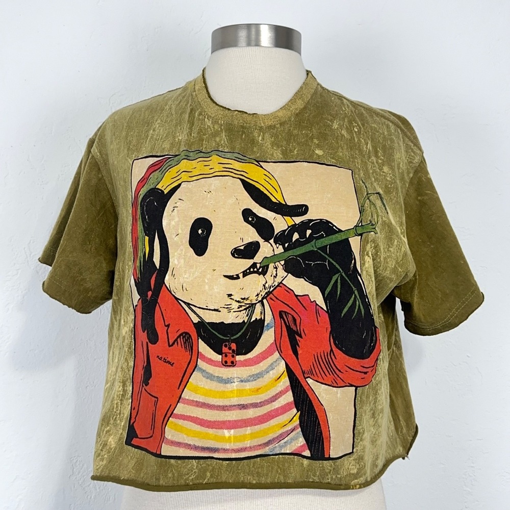 Kathmandu Imports Reggae Jamaica Negril Crop Top Large Stonewash Panda Graphic